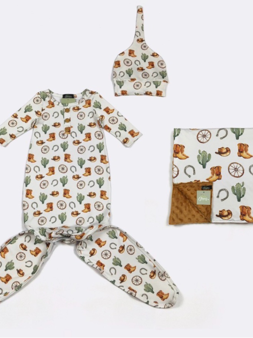 Western Cowboy Print Baby Gown, Hat & Blanket Set - White with Brown & Green